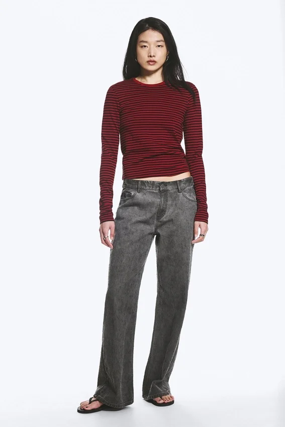 Top de algodón de manga larga y corte entallado – Rayas rojo oscuro Top de algodón de manga larga y corte entallado – Rayas rojo oscuro