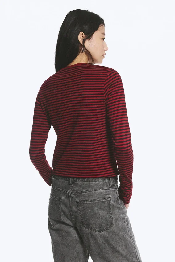 Top de algodón de manga larga y corte entallado – Rayas rojo oscuro Top de algodón de manga larga y corte entallado – Rayas rojo oscuro