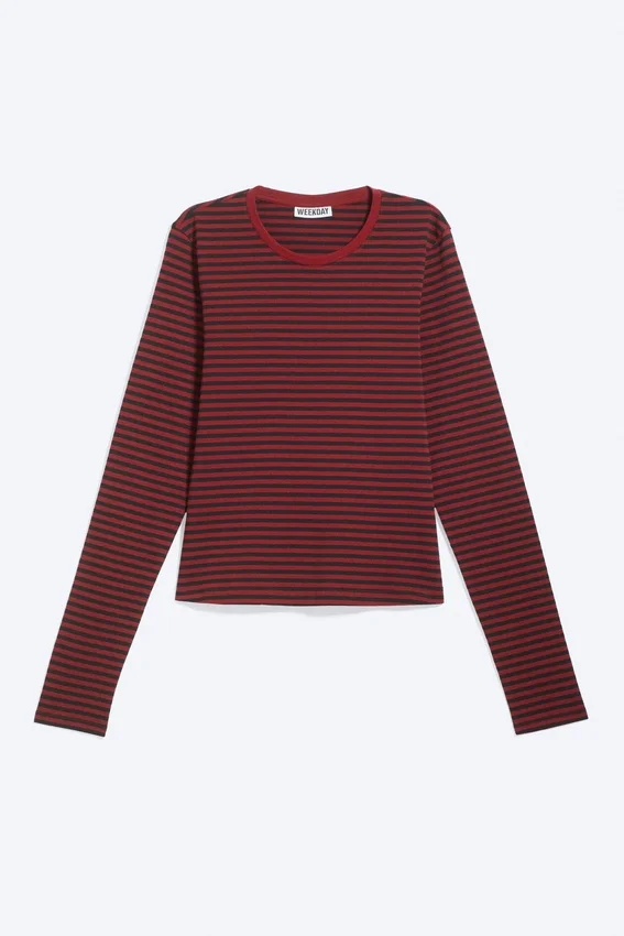 Top de algodón de manga larga y corte entallado – Rayas rojo oscuro Top de algodón de manga larga y corte entallado – Rayas rojo oscuro