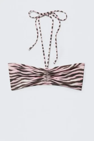 Top de bikini bandeau con cordón y cuello halter – Rosa – Rayas de tigre