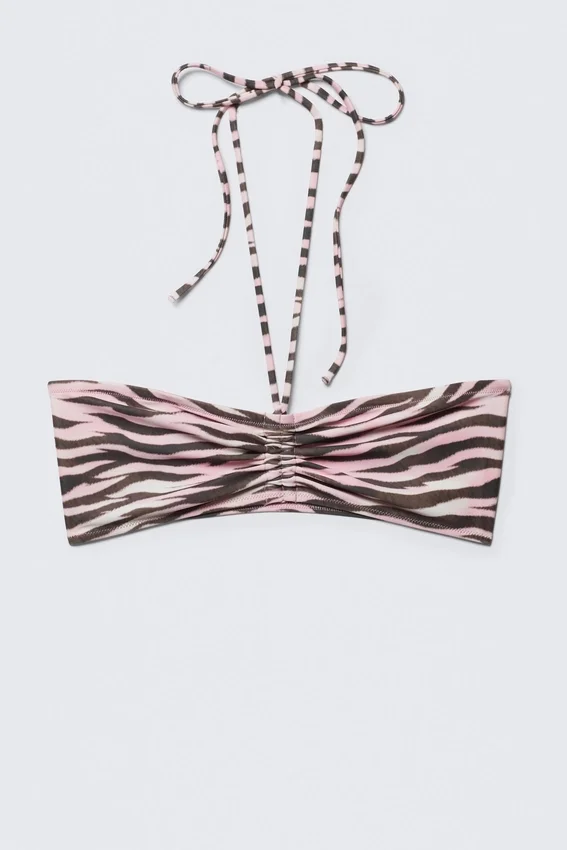 Top de bikini bandeau con cordón y cuello halter – Rosa – Rayas de tigre Top de bikini bandeau con cordón y cuello halter – Rosa – Rayas de tigre