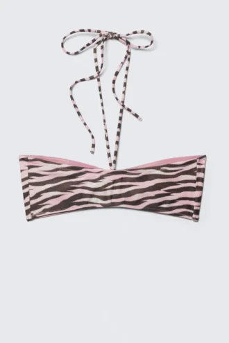Top de bikini bandeau con cordón y cuello halter – Rosa – Rayas de tigre