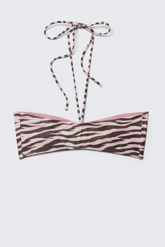 Top de bikini bandeau con cordón y cuello halter – Rosa – Rayas de tigre Top de bikini bandeau con cordón y cuello halter – Rosa – Rayas de tigre