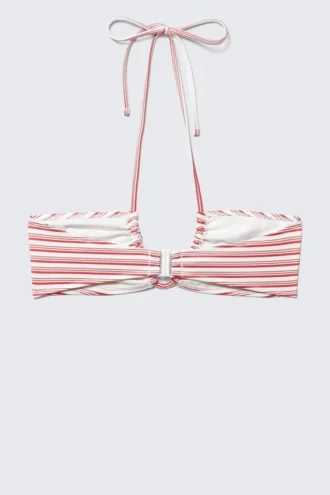Top de bikini bandeau con escote halter y fruncidos estampado – Rayas multicolores rojas