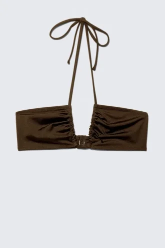 Top de bikini bandeau con fruncidos y cuello halter – Marrón oscuro