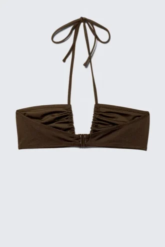Top de bikini bandeau con fruncidos y cuello halter – Marrón oscuro