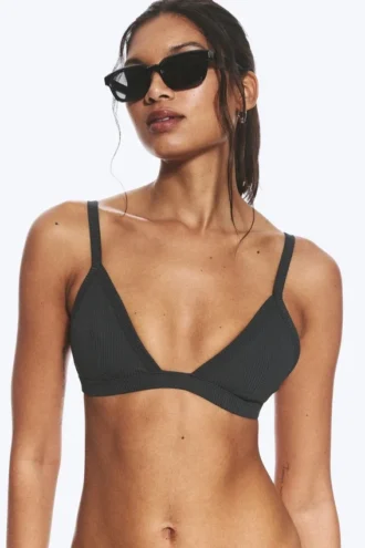 Top de bikini con cuello en V acanalado – Gris oscuro
