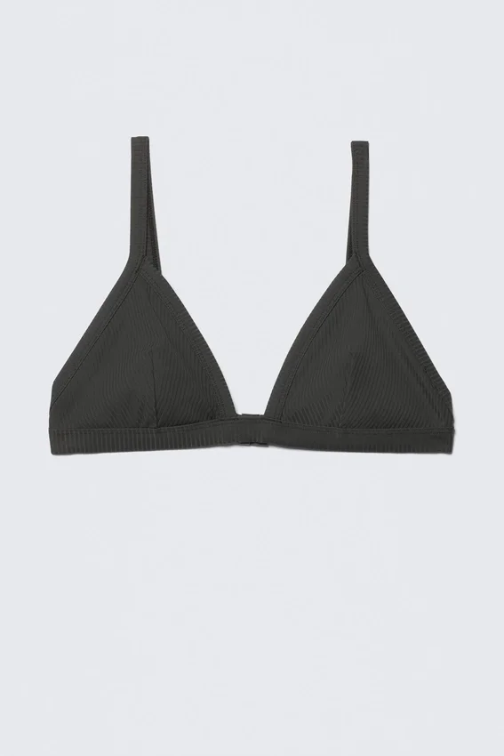 Top de bikini con cuello en V acanalado – Gris oscuro Top de bikini con cuello en V acanalado – Gris oscuro