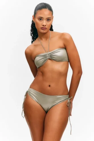 Top de bikini con cuello halter y purpurina – Verde caqui con purpurina
