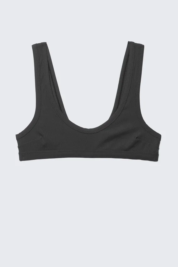 Top de bikini con cuello redondo acanalado – Gris oscuro Top de bikini con cuello redondo acanalado – Gris oscuro