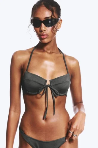Top de bikini con tirantes y aros – Gris oscuro brillante
