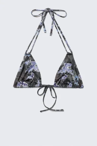 Top de bikini triangular con cuello halter estampado – Negro/Azul – Periódico/Llama