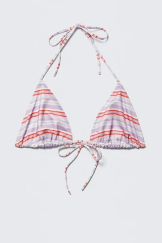 Top de bikini triangular con cuello halter estampado – Rayas moradas y rojas