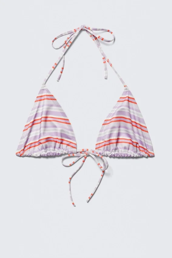 Top de bikini triangular con cuello halter estampado – Rayas moradas y rojas Top de bikini triangular con cuello halter estampado – Rayas moradas y rojas