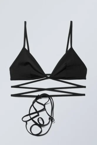 Top de bikini triangular cruzado – Negro