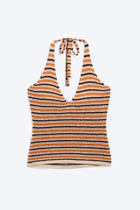 Top de croché con cuello halter – Rayas naranjas Top de croché con cuello halter – Rayas naranjas