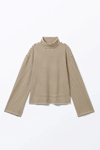 Top de cuello alto falso y manga larga de corte recto – Rayas beige y marrón oscuro