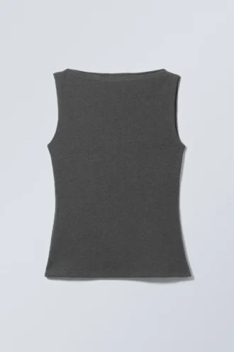 Top de cuello barco con canalé Annie – Gris oscuro jaspeado