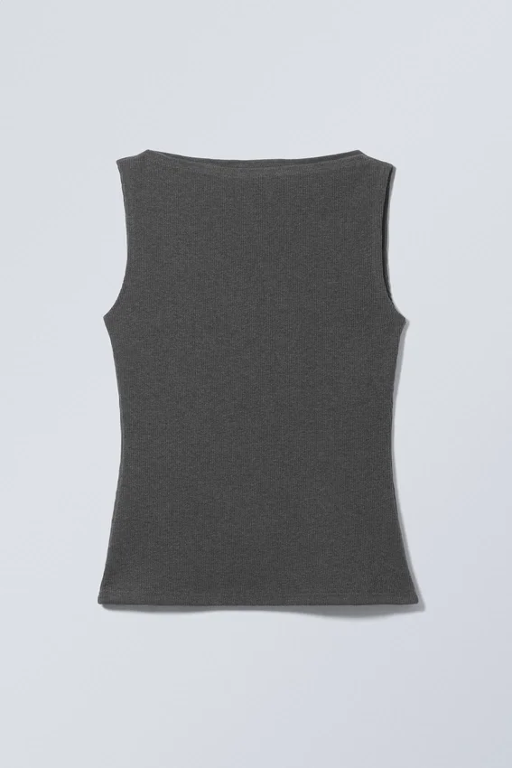 Top de cuello barco con canalé Annie – Gris oscuro jaspeado Top de cuello barco con canalé Annie – Gris oscuro jaspeado