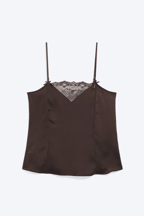 Top de encaje satinado – Marrón oscuro Top de encaje satinado – Marrón oscuro