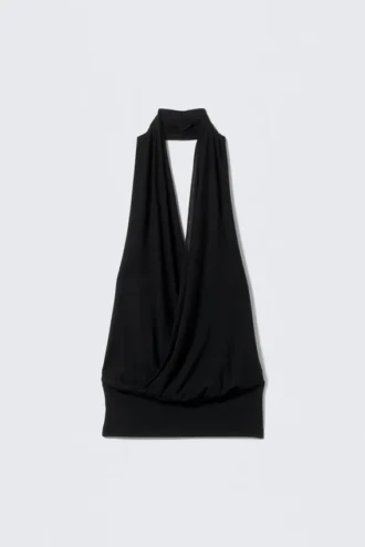 Top de jersey con cuello halter drapeado – Negro