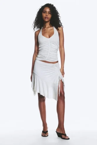 Top de jersey con cuello halter y fruncidos – Gris jaspeado