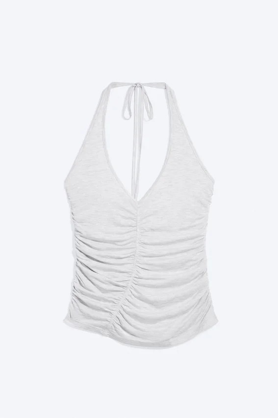 Top de jersey con cuello halter y fruncidos – Gris jaspeado Top de jersey con cuello halter y fruncidos – Gris jaspeado