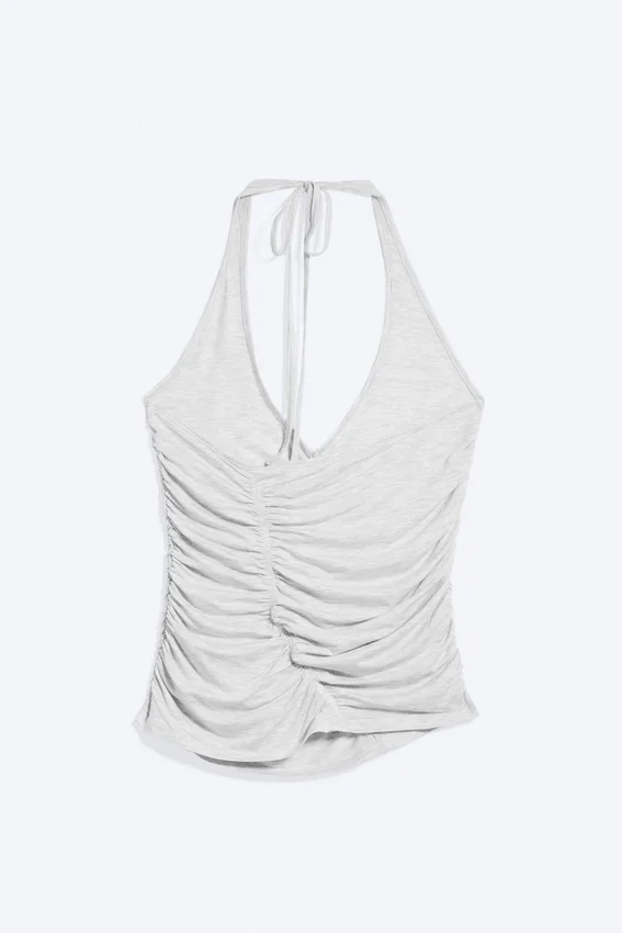 Top de jersey con cuello halter y fruncidos – Gris jaspeado Top de jersey con cuello halter y fruncidos – Gris jaspeado
