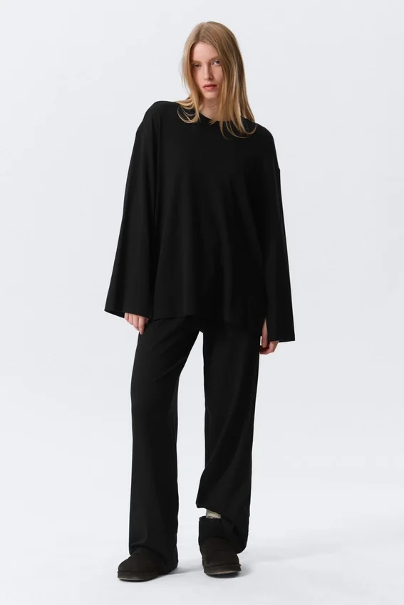 Top de jersey de manga larga de corte holgado – Negro Top de jersey de manga larga de corte holgado – Negro