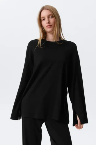 Top de jersey de manga larga de corte holgado – Negro Top de jersey de manga larga de corte holgado – Negro
