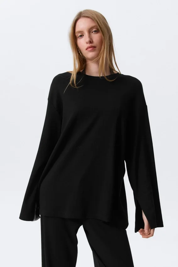 Top de jersey de manga larga de corte holgado – Negro Top de jersey de manga larga de corte holgado – Negro