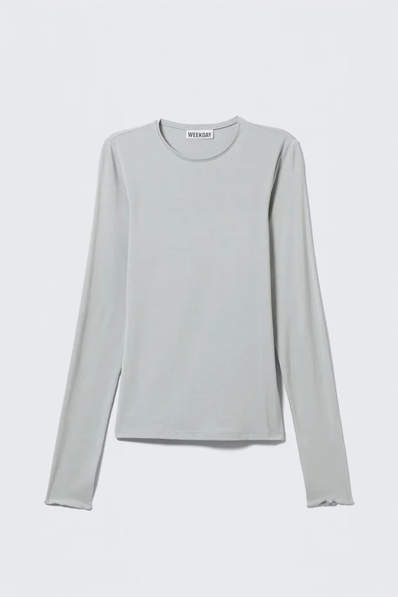 Top de lyocell de manga larga y corte ajustado – Azul claro-grisáceo Top de lyocell de manga larga y corte ajustado – Azul claro-grisáceo