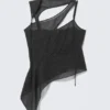 Top de malla con aberturas asimétricas – Gris oscuro – Lunares Top de malla con aberturas asimétricas – Gris oscuro – Lunares