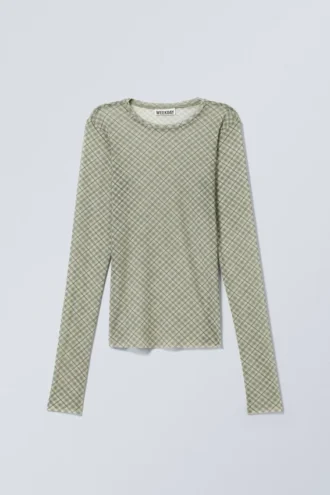 Top de malla de manga larga estampado – Beige medio