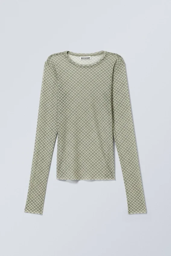 Top de malla de manga larga estampado – Beige medio Top de malla de manga larga estampado – Beige medio