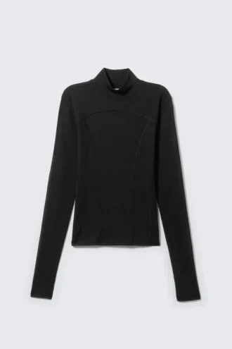 Top de malla de manga larga y cuello alto – Negro