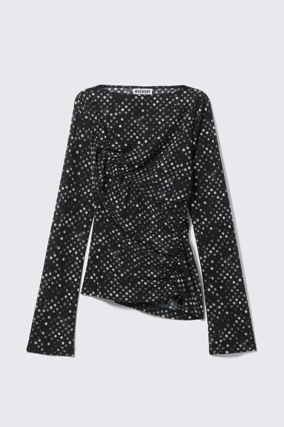 Top de malla estampada con fruncidos – Lunares negros Top de malla estampada con fruncidos – Lunares negros