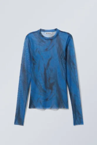 Top de malla estampado de manga larga – Azul brillante – Trazos negros