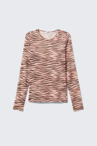 Top de malla estampado de manga larga – Rosa con rayas de tigre
