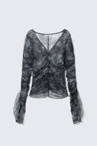 Top de malla transparente fruncida – Estampado barroco negro