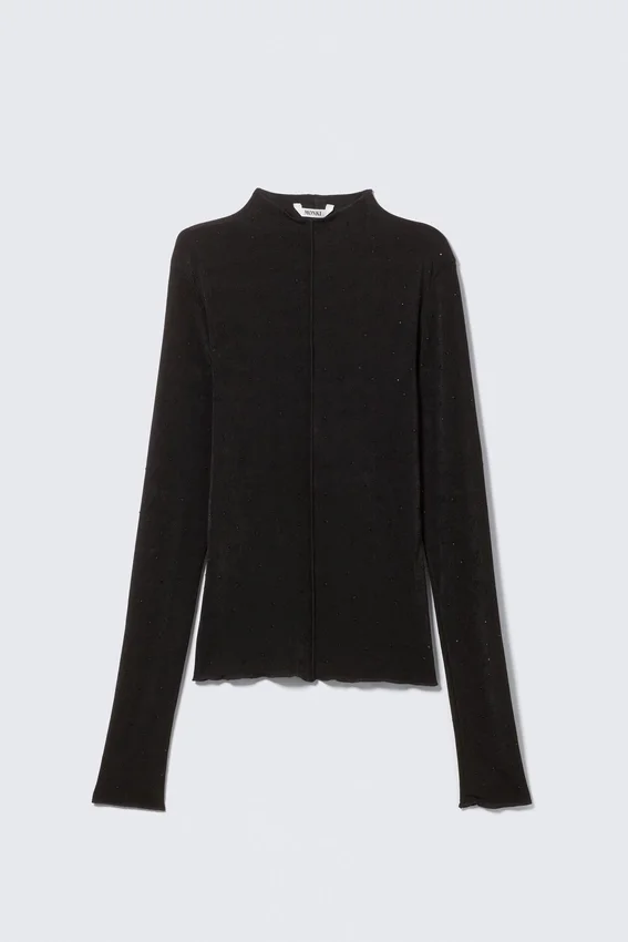 Top de manga larga con cuello alto y pedrería – Negro – Pedrería Top de manga larga con cuello alto y pedrería – Negro – Pedrería