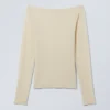 Top de manga larga con cuello barco transparente – Beige claro Top de manga larga con cuello barco transparente – Beige claro