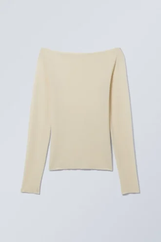 Top de manga larga con cuello barco transparente – Beige claro