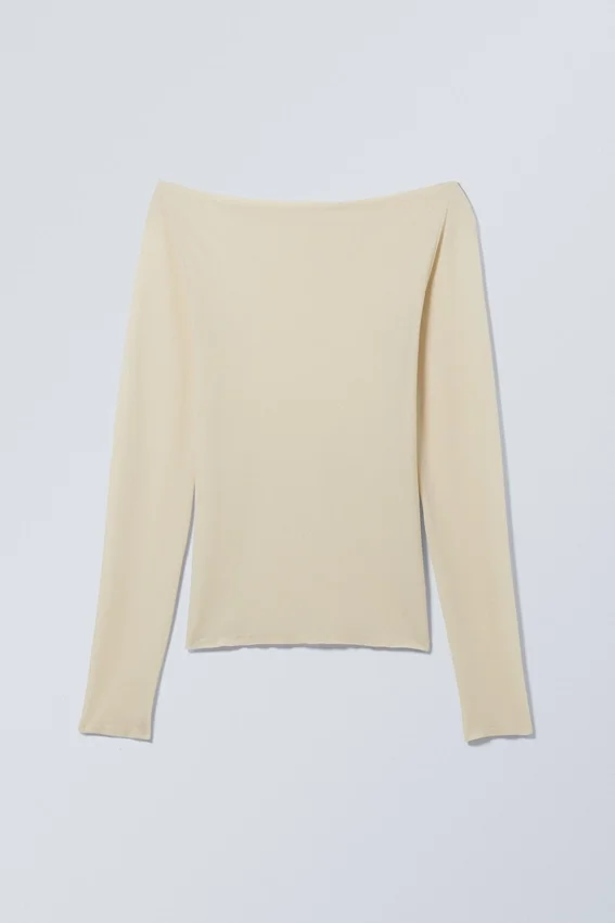 Top de manga larga con cuello barco transparente – Beige claro Top de manga larga con cuello barco transparente – Beige claro