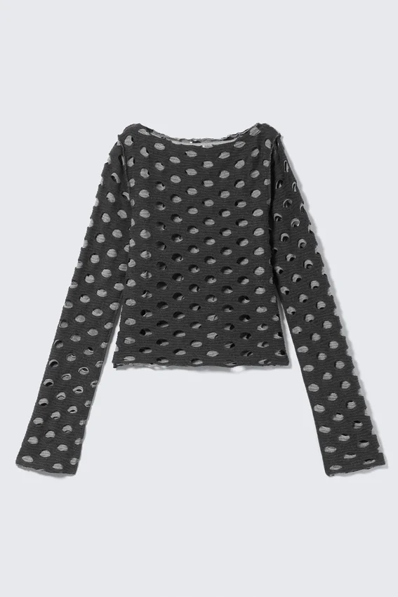 Top de manga larga con cuello barco y efecto desgastado – Gris oscuro Top de manga larga con cuello barco y efecto desgastado – Gris oscuro