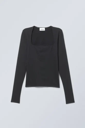 Top de manga larga con cuello cuadrado – Negro