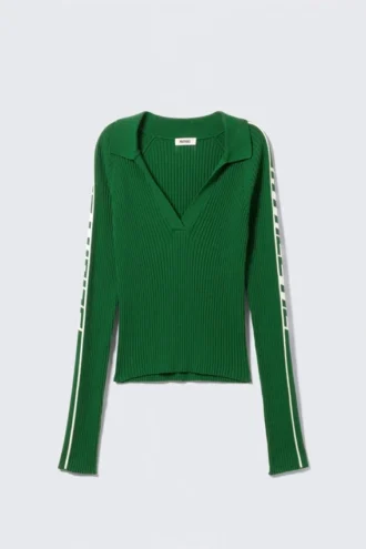 Top de manga larga con cuello en V y punto acanalado – Verde