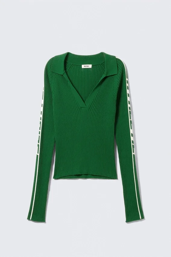 Top de manga larga con cuello en V y punto acanalado – Verde Top de manga larga con cuello en V y punto acanalado – Verde