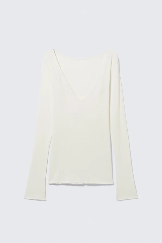Top de manga larga con escote en V pronunciado – Blanco Top de manga larga con escote en V pronunciado – Blanco