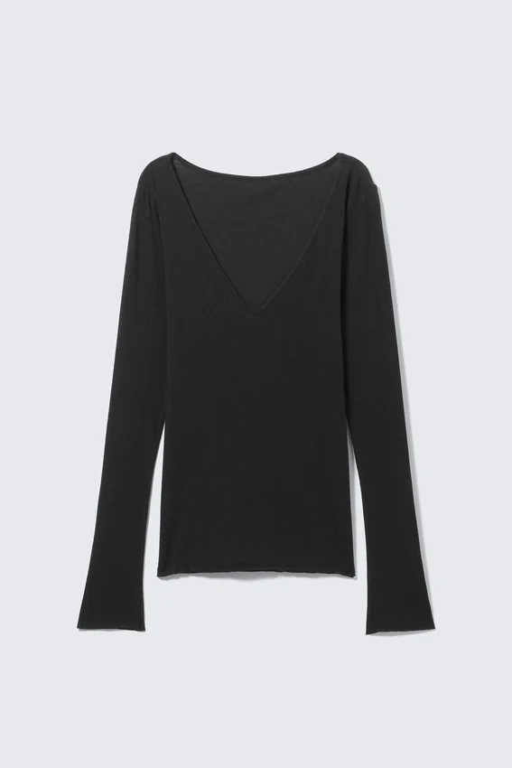 Top de manga larga con escote en V pronunciado – Negro Top de manga larga con escote en V pronunciado – Negro